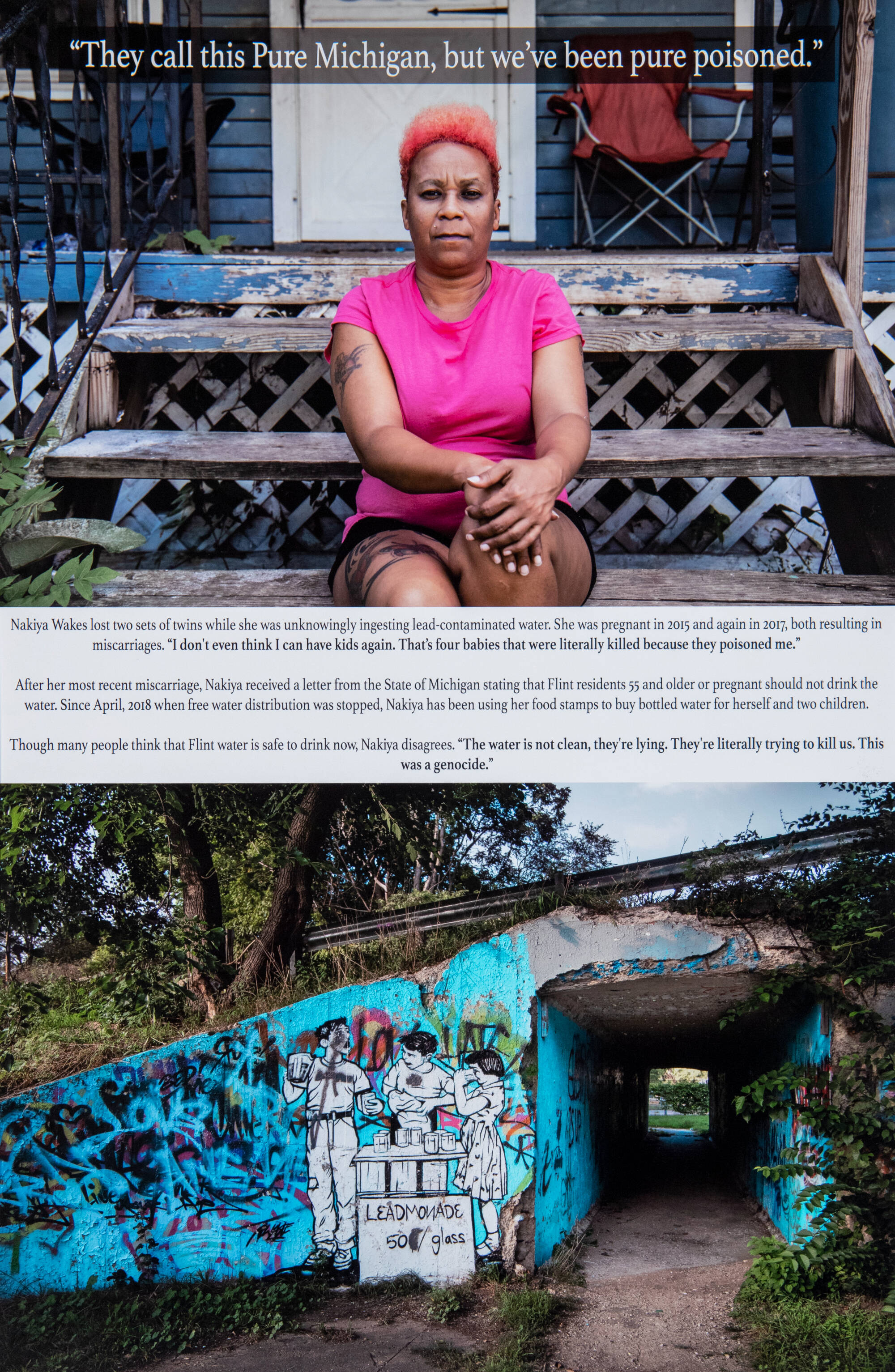 Color photographs stacked on top of each other with text in between. Top image is of a woman wearing pink sitting on worn wooden steps outside a home. Bottom image is a mural painted on a concrete wall.